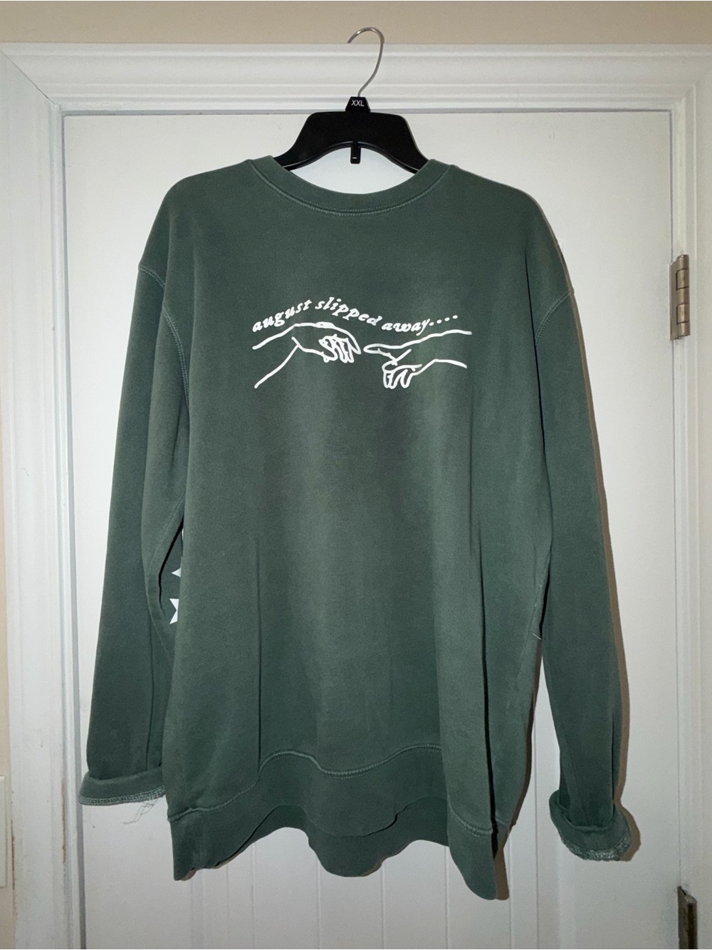 Graphic Crewneck Sweater in Olive Green - 'August Slipped Away'